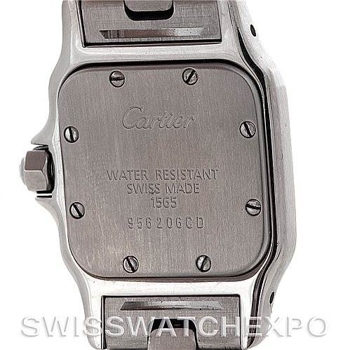 This image shows the back case and partial bracelet of a Santos model by Cartier, highlighting the engravings and screws.