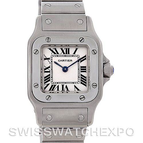 This image shows a front view of a Cartier Santos W20056D6 Women
s Stainless Steel Silver Dial W20056D6 Women
s Stainless Steel Silver Dial watch, highlighting its stainless steel case, bezel, dial, and bracelet.