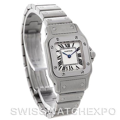 The image shows a Cartier Santos W20056D6 Women
s Stainless Steel Silver Dial W20056D6 Women
s Stainless Steel Silver Dial watch from a front-left angle highlighting its face, bezel, and bracelet.