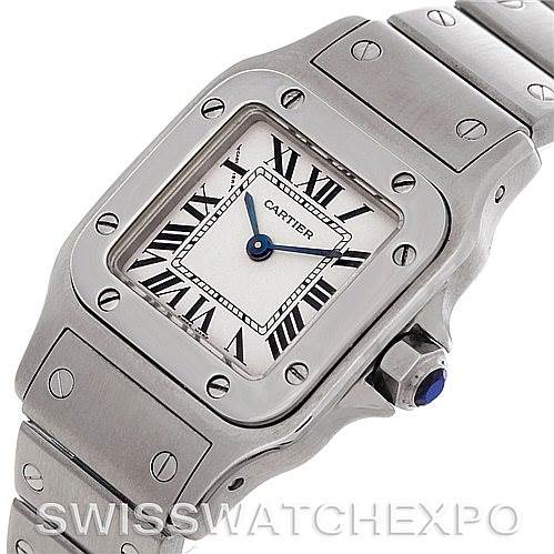 The image shows the front angle of a Cartier Santos W20056D6 Women
s Stainless Steel Silver Dial W20056D6 Women
s Stainless Steel Silver Dial watch, highlighting its face, bezel, bracelet, and crown.