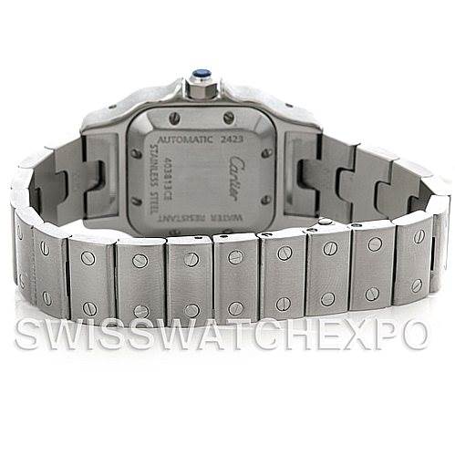 The image shows the back and bracelet of a Cartier Santos W20054D6 Women
s Stainless Steel Silver Dial W20054D6 Women
s Stainless Steel Silver Dial model watch, highlighting its stainless steel case and screws.