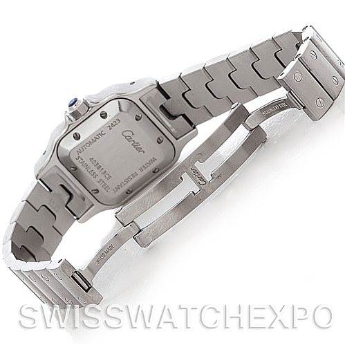 This image shows the back and clasp of a Cartier Santos W20054D6 Women
s Stainless Steel Silver Dial W20054D6 Women
s Stainless Steel Silver Dial watch, revealing the caseback, bracelet, and deployment clasp.