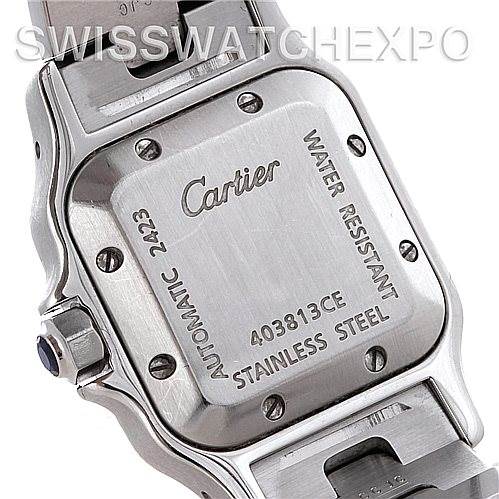 This image shows the back view of a Cartier Santos W20054D6 Women
s Stainless Steel Silver Dial W20054D6 Women
s Stainless Steel Silver Dial watch, highlighting the case back details and part of the bracelet.