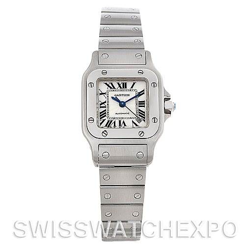 The image shows a Cartier Santos W20054D6 Women
s Stainless Steel Silver Dial W20054D6 Women
s Stainless Steel Silver Dial watch from a frontal angle, highlighting its face, bezel, and bracelet.