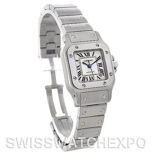 This image shows a frontal view of the Cartier Santos W20054D6 Women
s Stainless Steel Silver Dial W20054D6 Women
s Stainless Steel Silver Dial watch, highlighting its face, bezel, and bracelet.