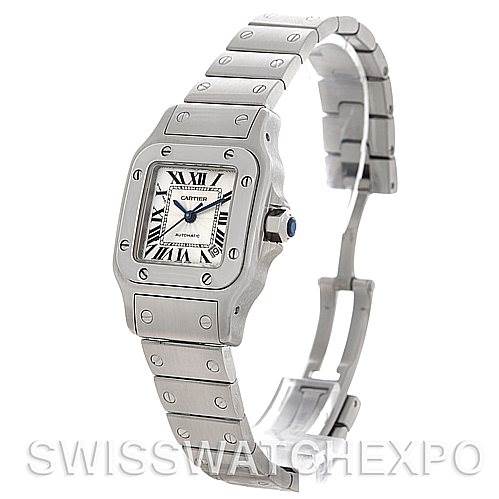 This image shows a Cartier Santos W20054D6 Women
s Stainless Steel Silver Dial W20054D6 Women
s Stainless Steel Silver Dial watch angled to display its face, bezel, and bracelet.