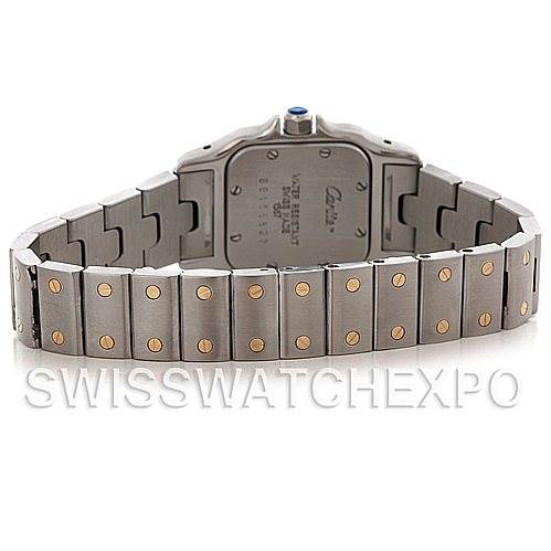 This image shows the back and bracelet of the Cartier Santos W20012C4 Women
s Stainless Steel Silver Dial W20012C4 Women
s Stainless Steel Silver Dial watch, highlighting the case back and metal bracelet with gold accents.