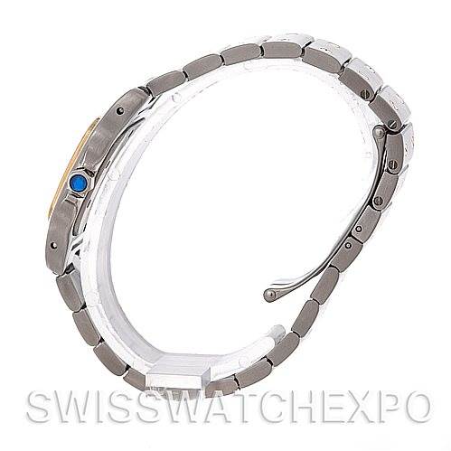 This image shows a side profile of the Cartier Santos W20012C4 Women
s Stainless Steel Silver Dial W20012C4 Women
s Stainless Steel Silver Dial watch, highlighting its bracelet and crown.