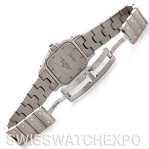 This image shows the back and clasp of the Santos model watch by Cartier, highlighting the metal bracelet and case back.