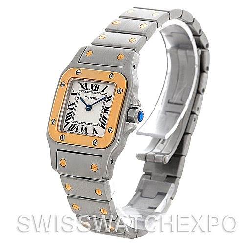 The image shows a Cartier Santos W20012C4 Women
s Stainless Steel Silver Dial W20012C4 Women
s Stainless Steel Silver Dial model watch from a front-left angle, displaying the face, bezel, and bracelet.