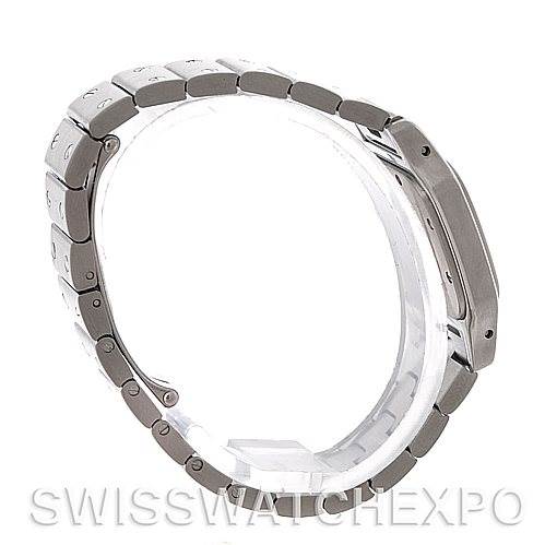 This image shows a side profile view of the Santos watch by Cartier, highlighting the bracelet and case side.