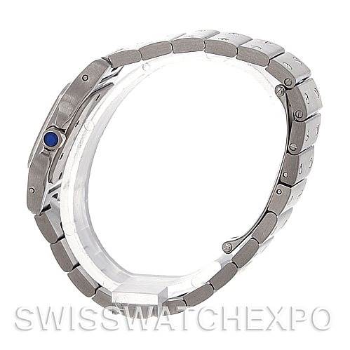The image shows a side view of a Santos model by Cartier, highlighting the bracelet and side profile, including the crown.