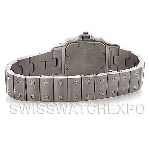 The image shows the backside and bracelet of a Santos model watch by Cartier, emphasizing the metal links and screws.