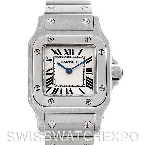 The Cartier Santos watch is shown from a front view, highlighting the dial, bezel, and part of the bracelet.