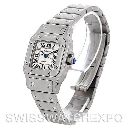 This image shows a front and angled side view of the Santos model watch by Cartier, highlighting its face and bracelet.