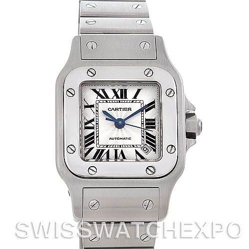 This image shows a front view of a Santos model watch by Cartier, highlighting the dial, bezel, and part of the bracelet.