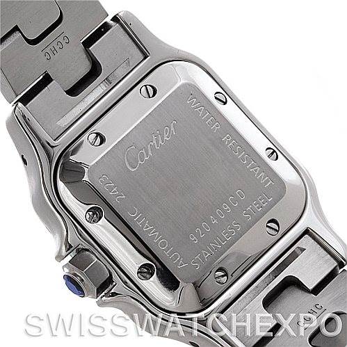 The image shows the back case and part of the bracelet of the Santos model by Cartier.