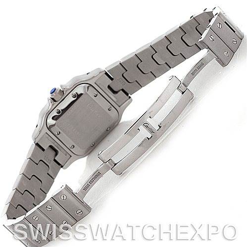 This image shows the back view and clasp of the Cartier Santos W20054D6 Women
s Stainless Steel Silver Dial W20054D6 Women
s Stainless Steel Silver Dial model watch, highlighting the bracelet and deployment clasp.