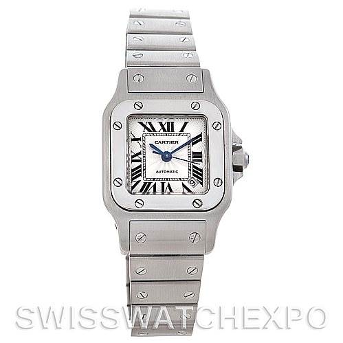 The Cartier Santos W20054D6 Women
s Stainless Steel Silver Dial W20054D6 Women
s Stainless Steel Silver Dial watch is shown from a front angle, displaying its face, bezel, crown, and part of the bracelet.