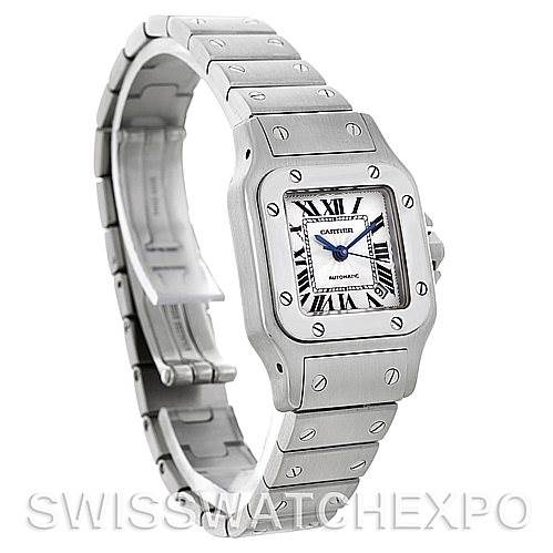The image shows a Cartier Santos W20054D6 Women
s Stainless Steel Silver Dial W20054D6 Women
s Stainless Steel Silver Dial watch at a three-quarter angle, highlighting the stainless steel case, bracelet, and dial.