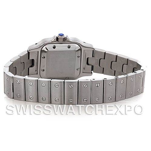 This image shows the back view of the Cartier Santos W20054D6 Women
s Stainless Steel Silver Dial W20054D6 Women
s Stainless Steel Silver Dial watch, highlighting its stainless steel bracelet and the case back.