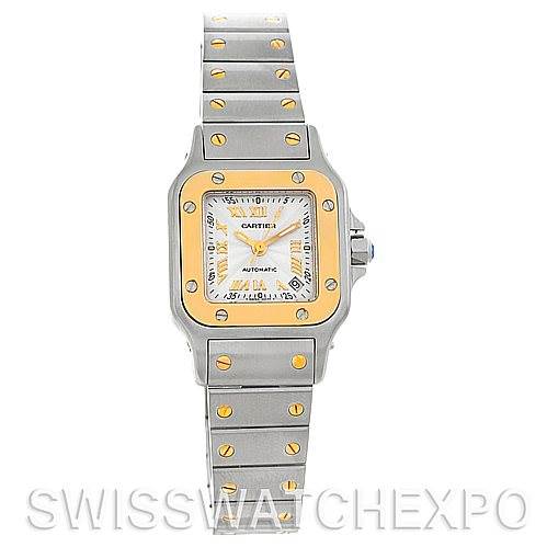 The image shows a full frontal view of a Cartier Santos W20057C4 Women's Stainless Steel Silver Dial W20057C4 Women's Stainless Steel Silver Dial watch, highlighting its face and metal band with gold accents.