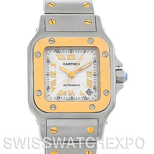 This image shows a front view of the Santos de Cartier watch, highlighting the face, bezel, and part of the bracelet.