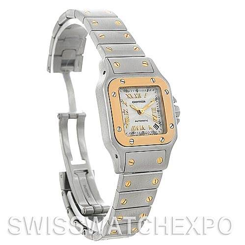 This image shows a Cartier Santos W20057C4 Women's Stainless Steel Silver Dial W20057C4 Women's Stainless Steel Silver Dial watch at a three-quarter angle, highlighting its face, bezel, and band.