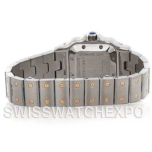 This image shows the back view and bracelet of a Cartier Santos W20057C4 Women's Stainless Steel Silver Dial W20057C4 Women's Stainless Steel Silver Dial watch at a slight upward angle.