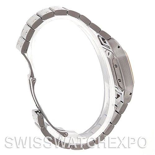 The image shows a Cartier Santos W20057C4 Women's Stainless Steel Silver Dial W20057C4 Women's Stainless Steel Silver Dial watch from a side angle, highlighting its strap and case.