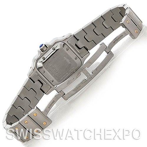 The image shows the back and clasp of a Cartier Santos W20057C4 Women's Stainless Steel Silver Dial W20057C4 Women's Stainless Steel Silver Dial watch, highlighting its stainless steel bracelet.