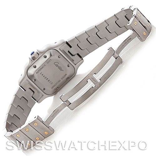This image shows the back, clasp, and bracelet of a Santos model watch by Cartier at an angled view.