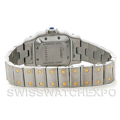 The image shows the back view of a Cartier Santos W20057C4 Women
s Stainless Steel Silver Dial W20057C4 Women
s Stainless Steel Silver Dial watch, highlighting the case back and part of the bracelet.