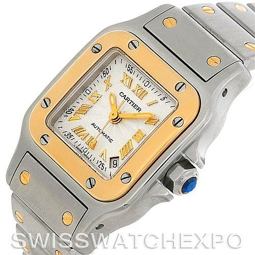 This image shows the face and part of the bracelet of a Cartier Santos W20057C4 Women
s Stainless Steel Silver Dial W20057C4 Women
s Stainless Steel Silver Dial watch at a slight angle.