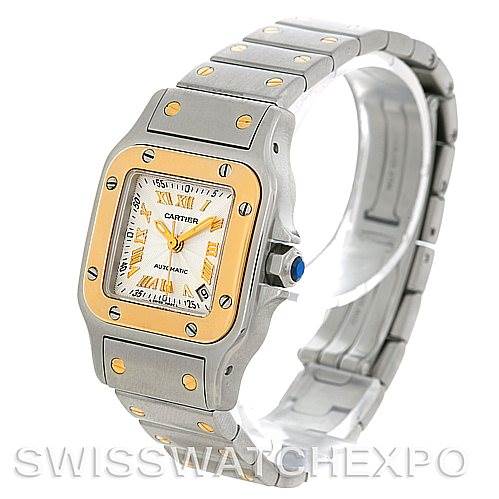 The Santos de Cartier watch is shown from an angled perspective, highlighting its face, bezel, and bracelet.