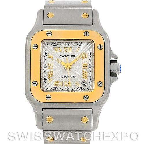 The image shows a Cartier Santos W20057C4 Women
s Stainless Steel Silver Dial W20057C4 Women
s Stainless Steel Silver Dial watch, focusing on the dial, bezel, and part of the bracelet from a front-facing angle.