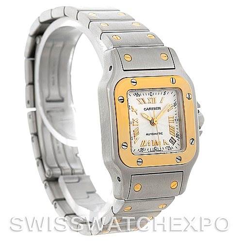 This image shows a Cartier Santos W20057C4 Women
s Stainless Steel Silver Dial W20057C4 Women
s Stainless Steel Silver Dial model watch at a three-quarter angle, highlighting the case, bezel, dial, and bracelet.