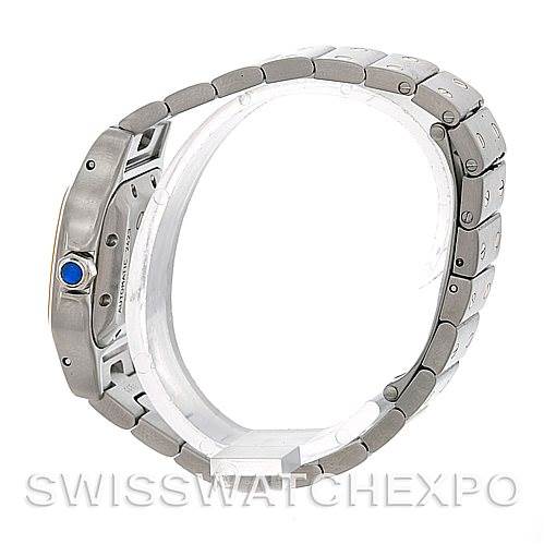 The image shows a side view of a Cartier Santos W20057C4 Women
s Stainless Steel Silver Dial W20057C4 Women
s Stainless Steel Silver Dial watch, highlighting its bezel, crown, and bracelet.