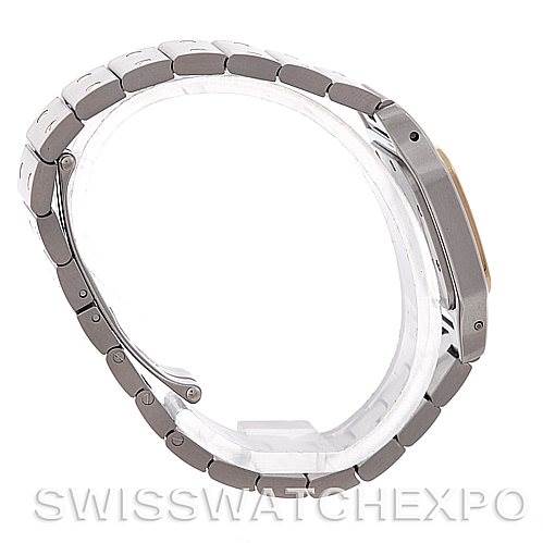 A side view of the Santos model by Cartier, showing its metal bracelet and watch case.