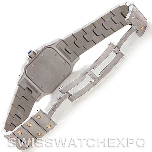 This image shows the back case and bracelet of the Santos model watch by Cartier, focusing on the deployment clasp.