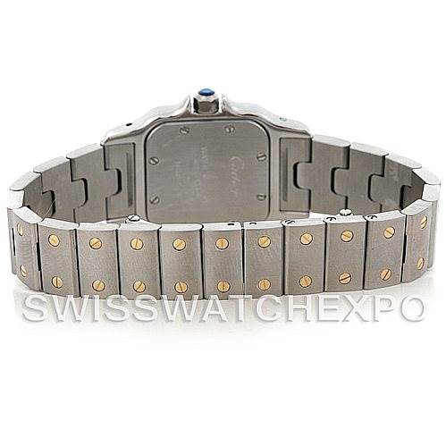 This image shows the backside and bracelet of a Cartier Santos W20012C4 Women
s Stainless Steel Silver Dial W20012C4 Women
s Stainless Steel Silver Dial watch, displaying the case back and metal links with gold screws.