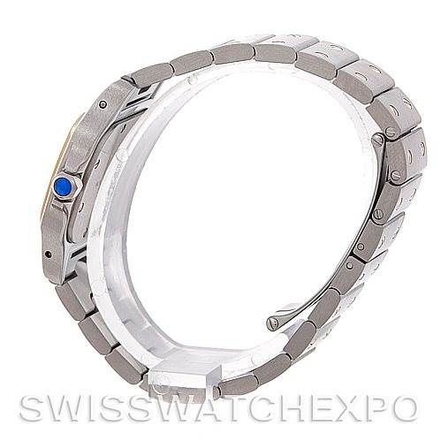 The image shows a side view of a Santos model by Cartier, focusing on the bracelet and the crown with a blue cabochon.
