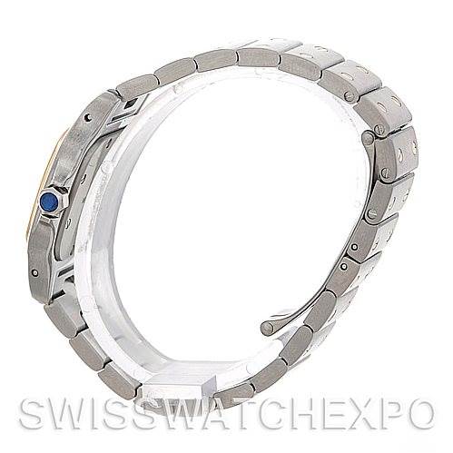 Side profile view of the Santos model by Cartier, showcasing the bracelet, case, and crown with a blue cabochon.