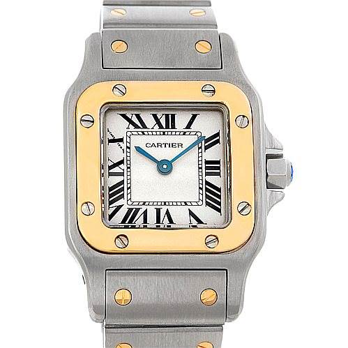 This image shows a frontal view of a Cartier Santos W20012C4 Women
s Stainless Steel Silver Dial W20012C4 Women
s Stainless Steel Silver Dial watch, highlighting the face, bezel, and part of the bracelet.