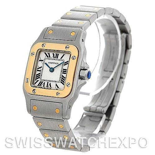 This image shows a Cartier Santos W20012C4 Women
s Stainless Steel Silver Dial W20012C4 Women
s Stainless Steel Silver Dial watch at a three-quarter angle, highlighting its face, bezel, and metal bracelet.