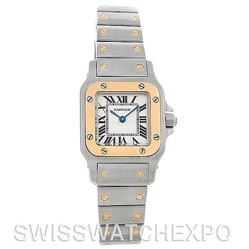 This image shows a front view of a Cartier Santos W20012C4 Women
s Stainless Steel Silver Dial W20012C4 Women
s Stainless Steel Silver Dial watch displaying the face, bezel, and bracelet.