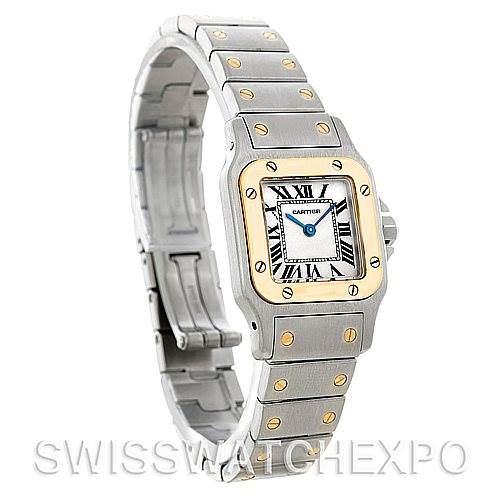 This image shows a Santos model by Cartier at a slight angle, highlighting its face, bezel, and stainless steel bracelet with gold accents.