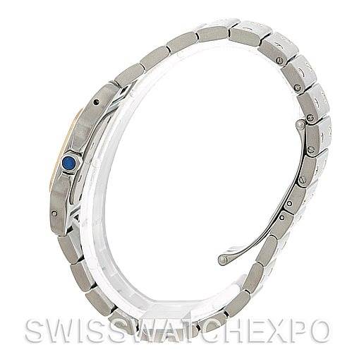 The image shows a side profile of a Cartier Santos W20012C4 Women
s Stainless Steel Silver Dial W20012C4 Women
s Stainless Steel Silver Dial watch highlighting its bracelet and blue cabochon crown.