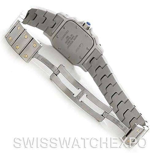 This image shows the back and clasp of a Cartier Santos W20012C4 Women
s Stainless Steel Silver Dial W20012C4 Women
s Stainless Steel Silver Dial watch, highlighting its stainless steel bracelet and deployment clasp.