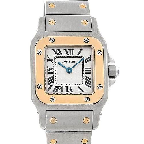 This image shows a front view of a Cartier Santos W20012C4 Women
s Stainless Steel Silver Dial W20012C4 Women
s Stainless Steel Silver Dial model watch, featuring its square dial and bracelet.